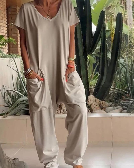 Claire | Casual V-neck Solid Color Jumpsuit