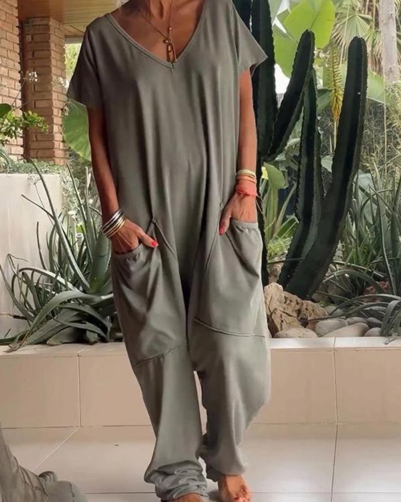 Claire | Casual V-neck Solid Color Jumpsuit