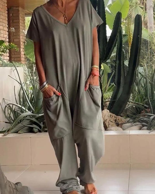 Claire | Casual V-neck Solid Color Jumpsuit