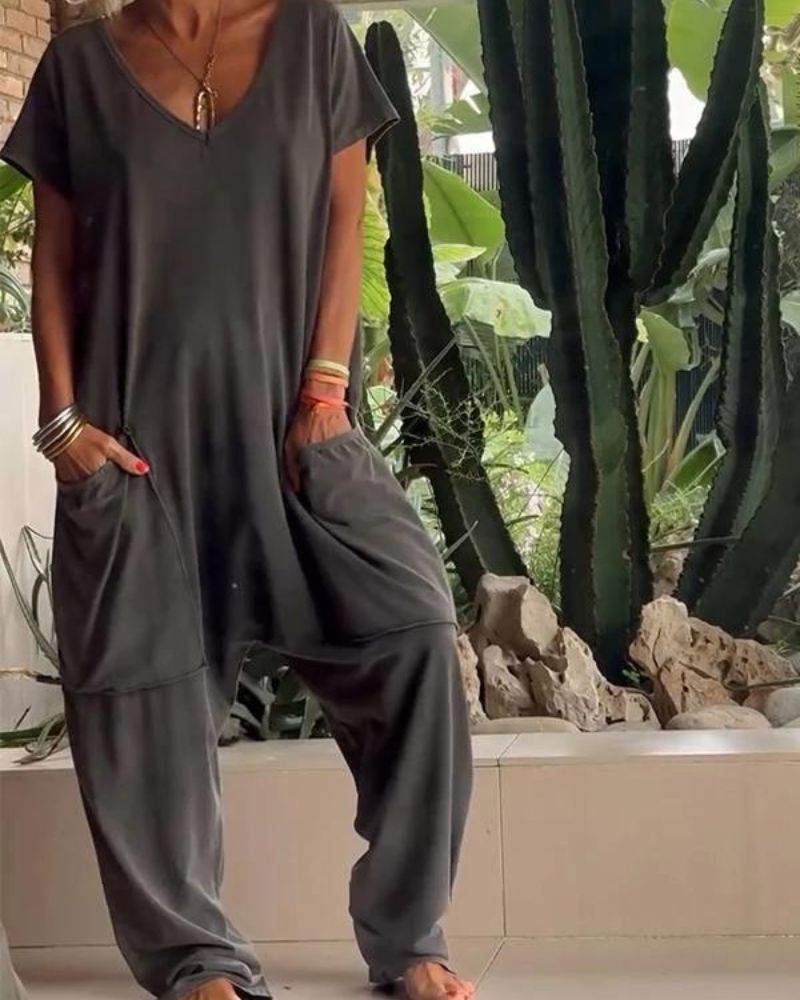 Claire | Casual V-neck Solid Color Jumpsuit